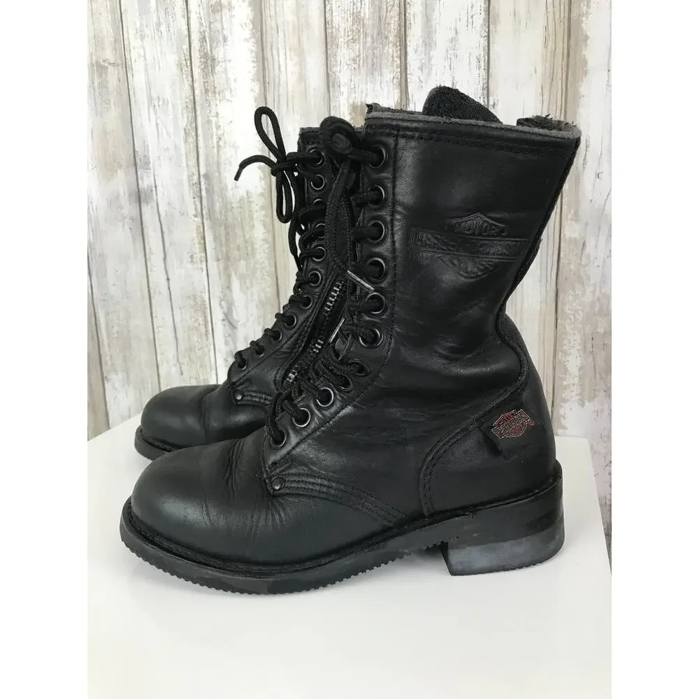 VINTAGE Harley Davidson Black Leather Combat Boots Lace Zip Up 5 Oil Resistant